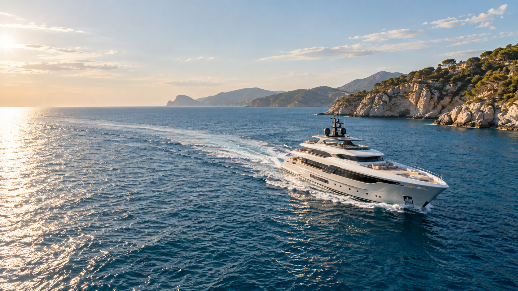 Generische moderne Yacht auf hellem Mittelmeer vor einer Felsküste